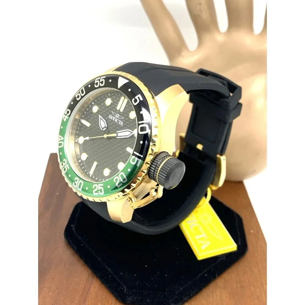 Invicta Men's Watch 35661 Pro Diver Quartz Gold Black Green Bezel Rubber Band
